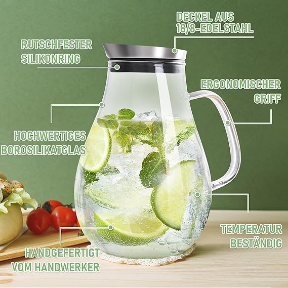 Carafă din Sticlă SUSTEAS 2 Litri – Borosilicat, cu Capac și Gura de Turnare | Ideală pentru Apă, Ceai cu Gheață, Sucuri, Cafea, Lapte, Vin [3]
