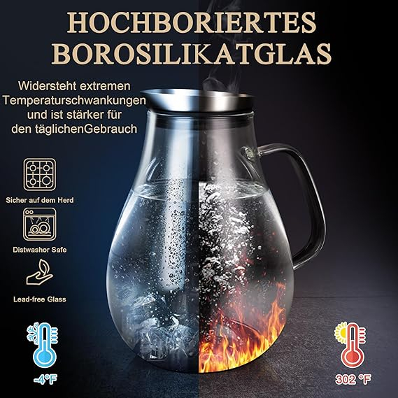 Carafă din Sticlă SUSTEAS 2 Litri – Borosilicat, cu Capac și Gura de Turnare | Ideală pentru Apă, Ceai cu Gheață, Sucuri, Cafea, Lapte, Vin [2]