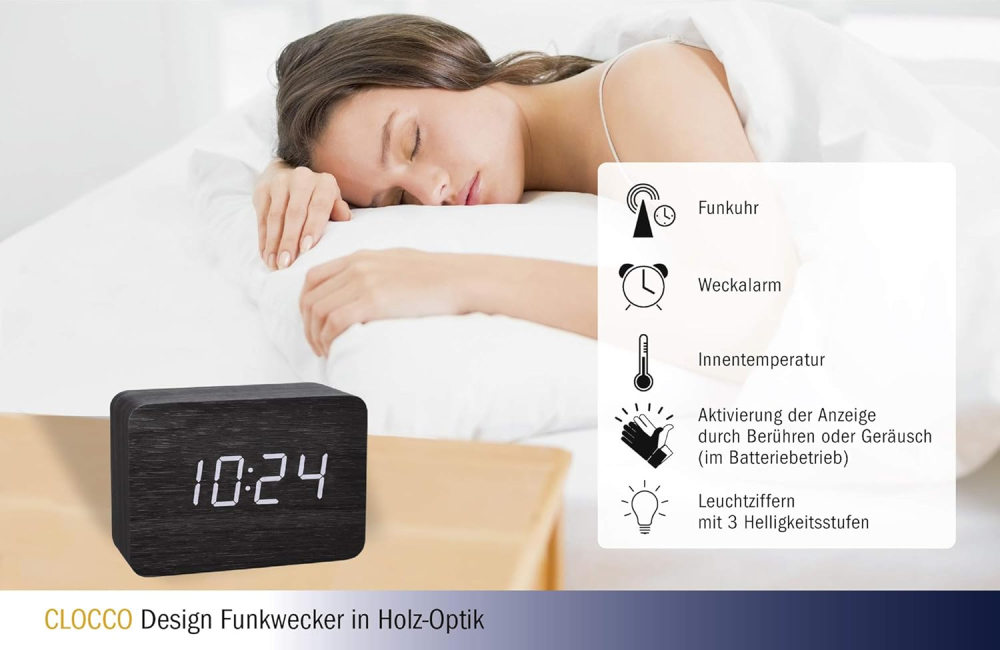 TFA Clocco Ceas Radio-Controlat – Design Lemn, Afișaj Invizibil, Temperatură & Alarmă [3]