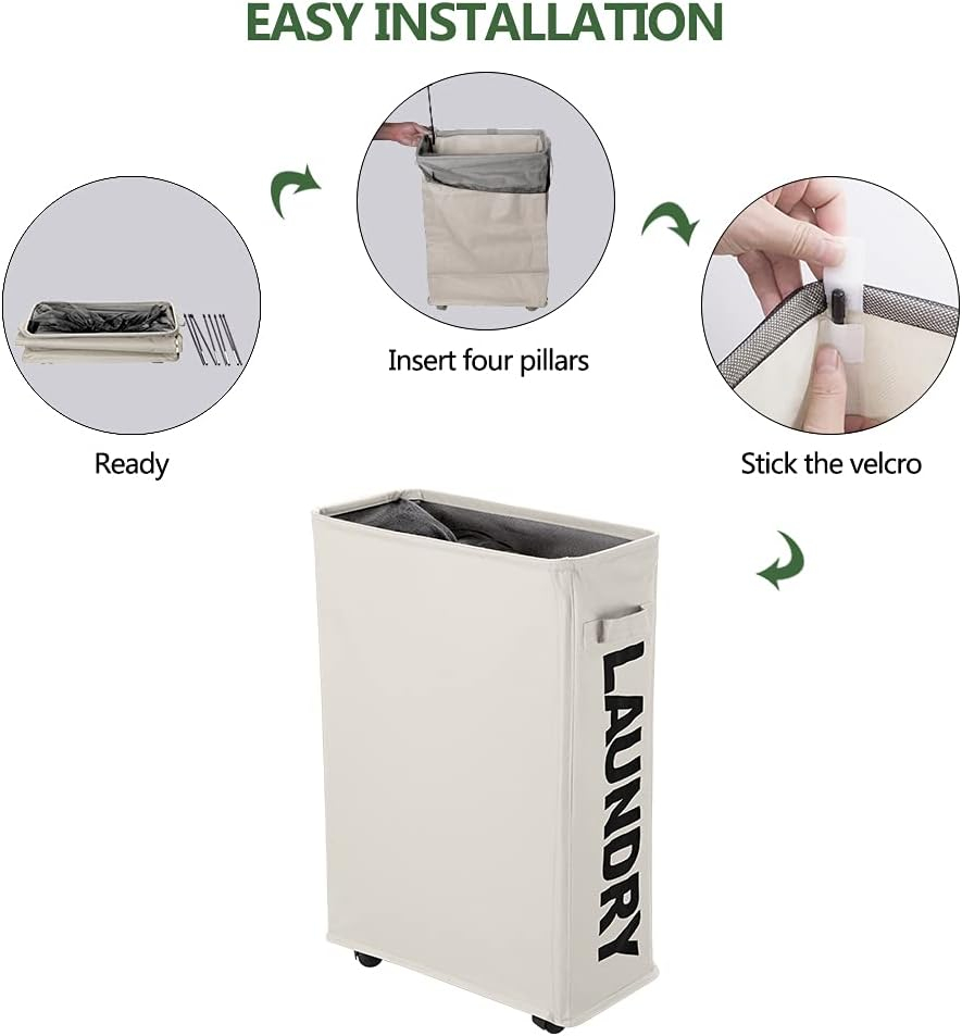 Coș de Rufe Îngust, Pliabil, Impermeabil, cu Roți – Colector de Rufe pentru Dormitor, Casă, Hotel, 39 x 18,5 x 58 cm [3]