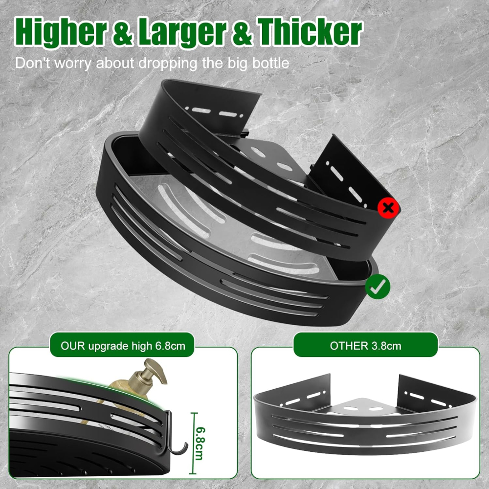 Raft colț duș fără găurire – Set 2 etajere metalice negre cu cârlige, anti-rugină, adeziv puternic [4]