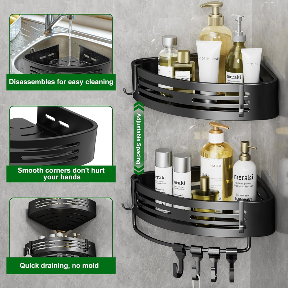 Raft colț duș fără găurire – Set 2 etajere metalice negre cu cârlige, anti-rugină, adeziv puternic [3]