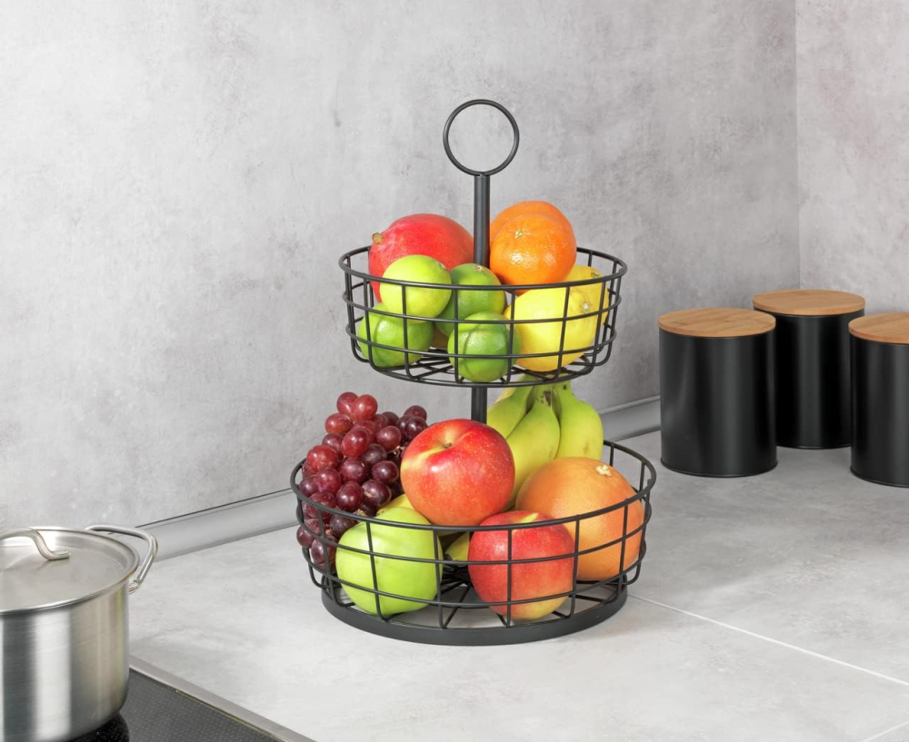 WENKO Suport Metalic 2 Niveluri – Coș Fructe & Organizator Bucătărie, Design Industrial, Negru [4]