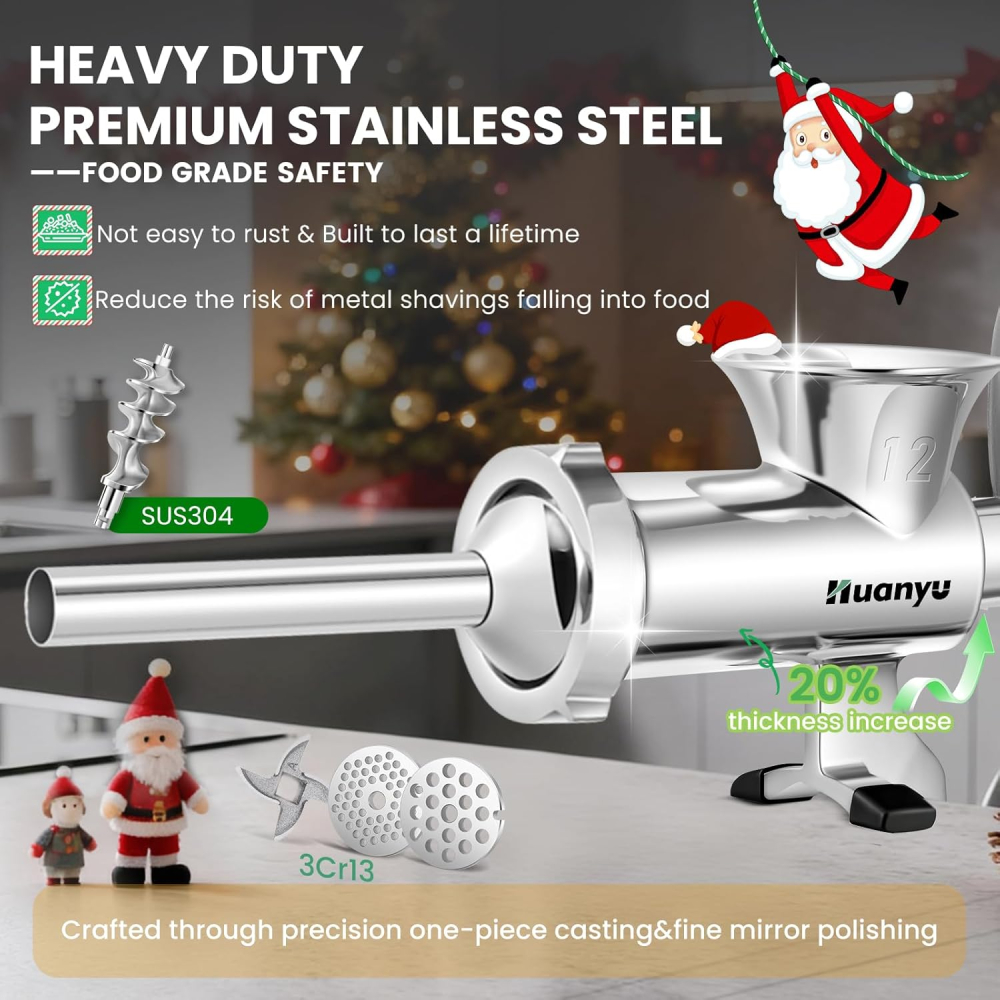 Mașină de Tocat Carne Manuală Huanyu, Inox, Mărimea 12 – cu Funcție de Umplut Cârnați, pentru Carne, Pește și Legume [2]