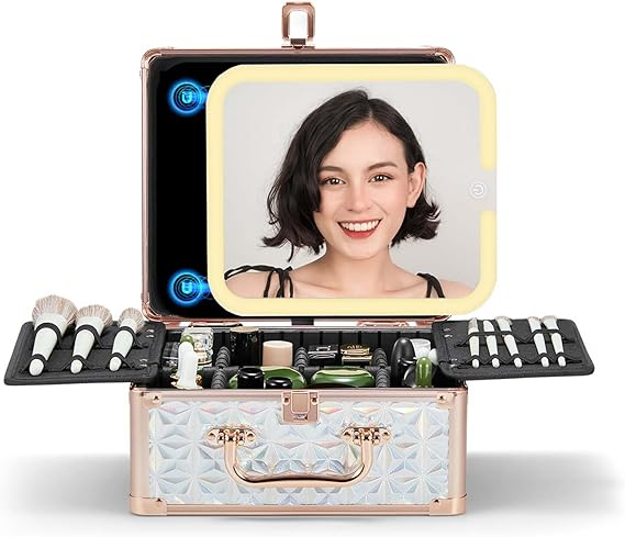 Makeup Box cu Oglindă Iluminată OMIRO – Albastru Sclipitor, Glam [4]