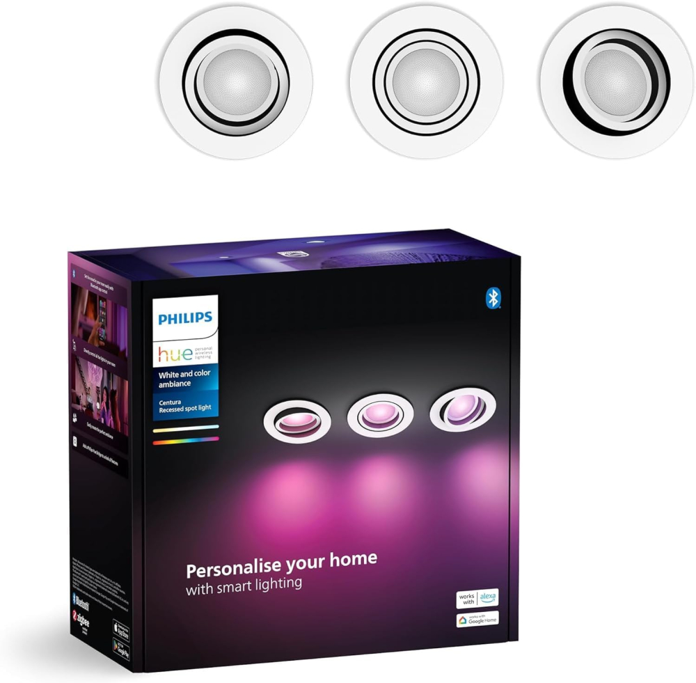 Set 3 Spoturi LED Smart Încastrate Philips Hue White & Color Ambiance Centura – 1050 lm, 16 Milioane de Culori, Control Vocal & App, Alb [1]