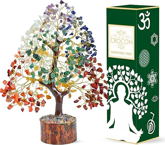 Pomisor Feng Shui din Cristale Naturale „Seven Chakra” Crocon – Bonsai din Pietre Semiprețioase pentru Noroc, Bani, Armonie și Energie Pozitivă, 25–30 cm, Sârmă Aurie & Argintie [3]