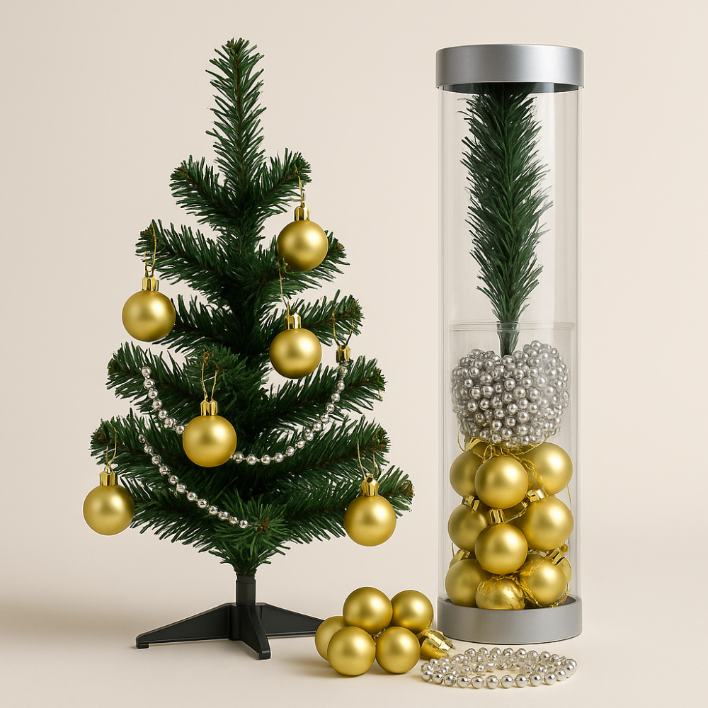 Set Brad Decorativ Mini + Globuri Aurii & Ghirlandă – Kit Crăciun în Tub Transparent [2]