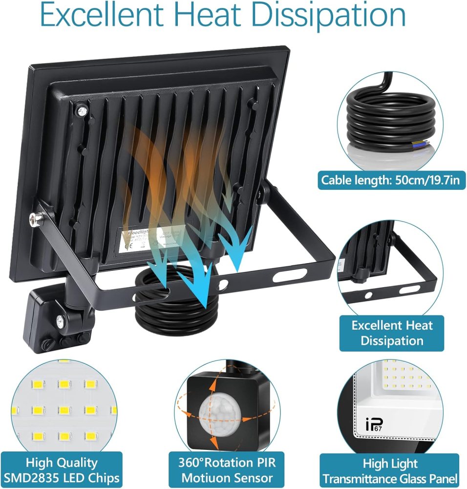 Proiector LED 50W cu Senzor Mișcare PIR – 5000LM, IP67, 7000K, Exterior [2]