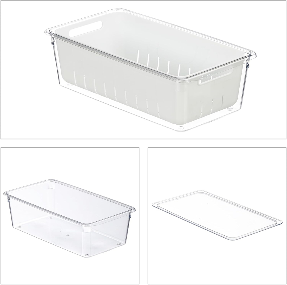 Set 3 Organizatoare Frigider Relaxdays – Recipiente Stivuibile cu Coș de Scurgere și Capace, Transparent/Alb [3]