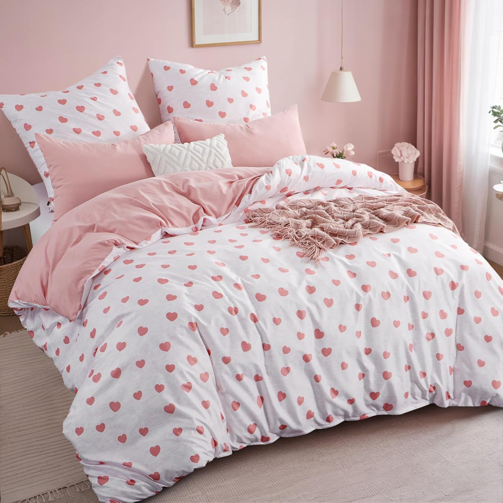 RUIKASI Set Lenjerie Pat 200×220 cm – 3 Piese, Microfibră Moale, Roz cu Inimioare [3]