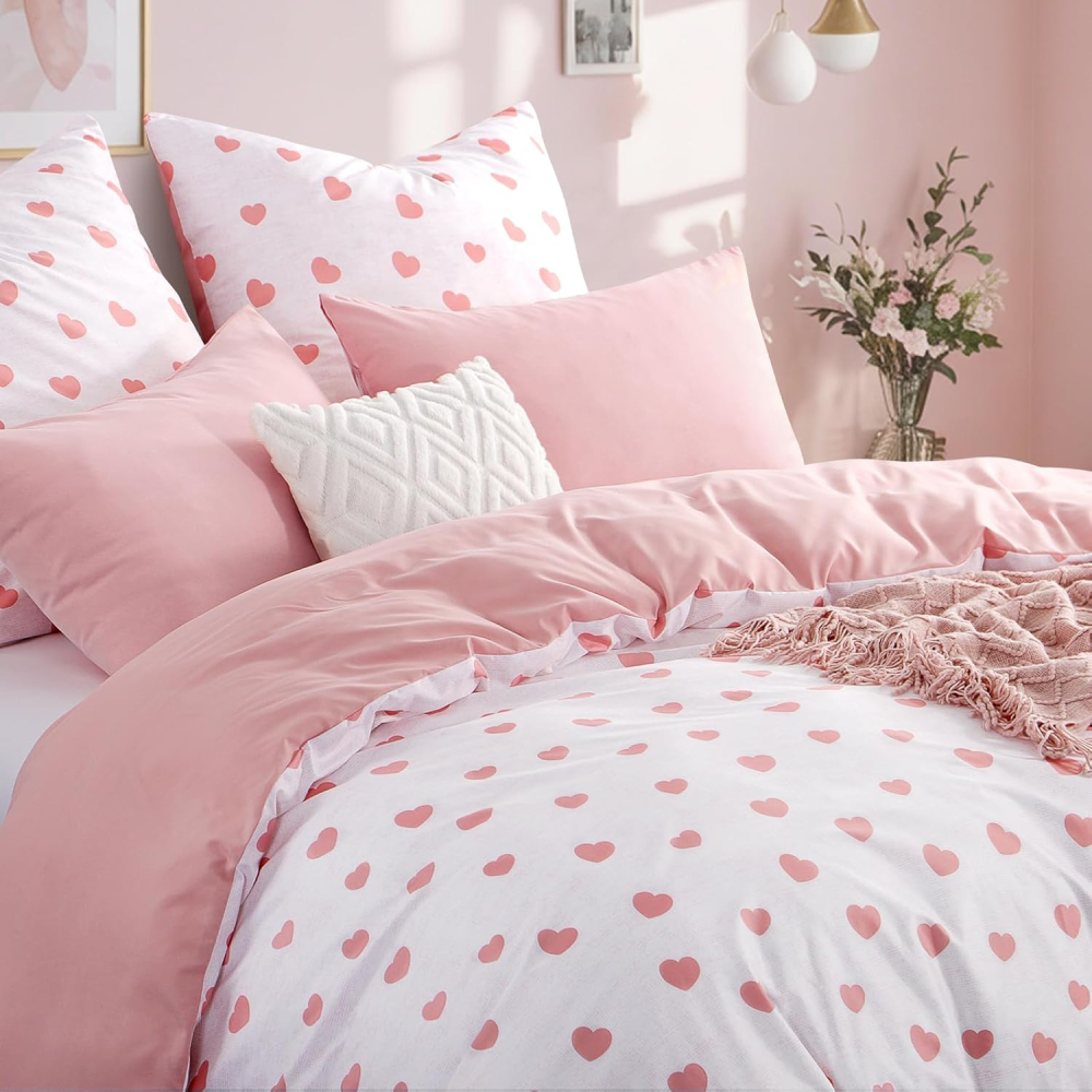 RUIKASI Set Lenjerie Pat 200×220 cm – 3 Piese, Microfibră Moale, Roz cu Inimioare [2]