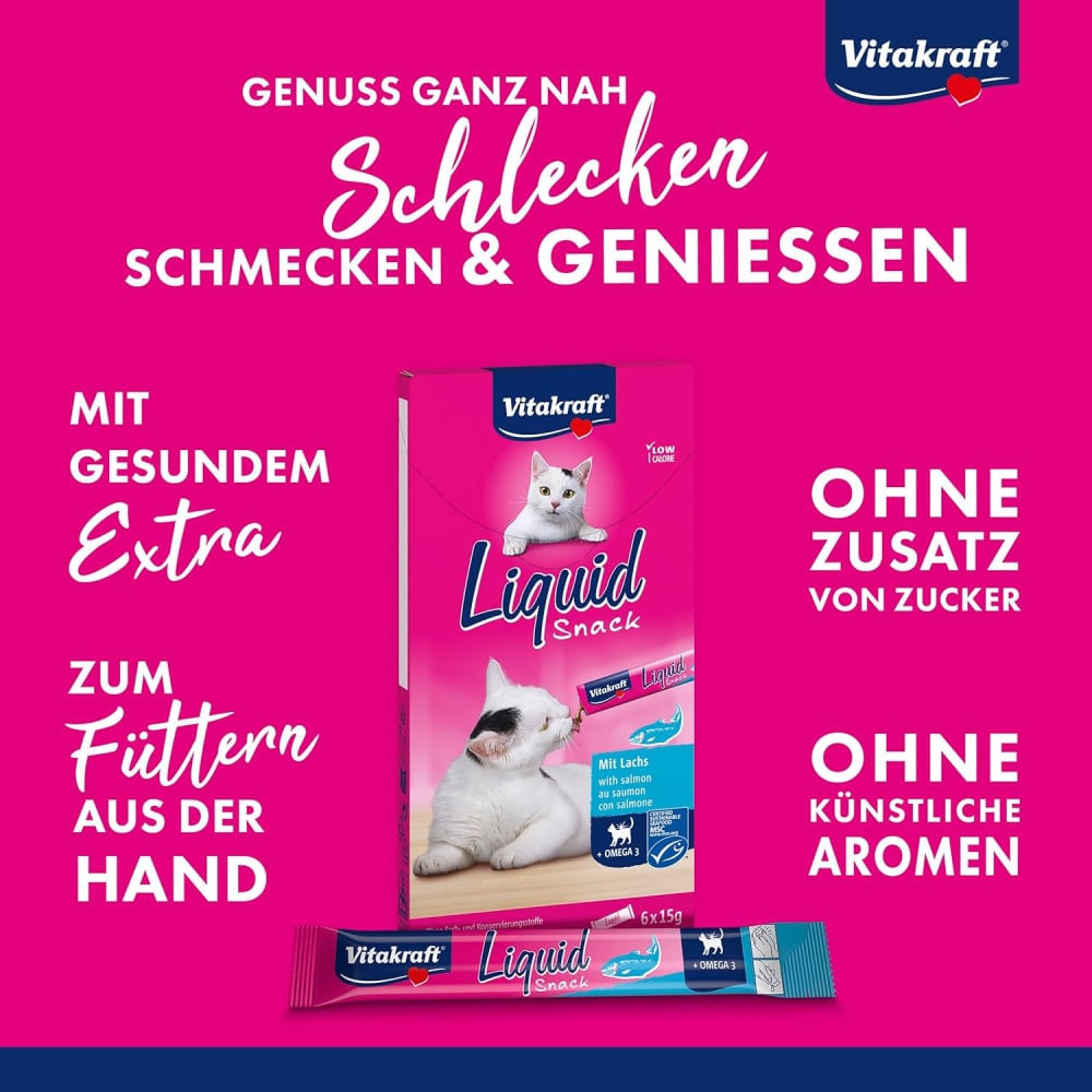 Vitakraft Liquid Snack Omega-3 cu Somon – 6 Plicuri, Snack Lichid Pisici [2]