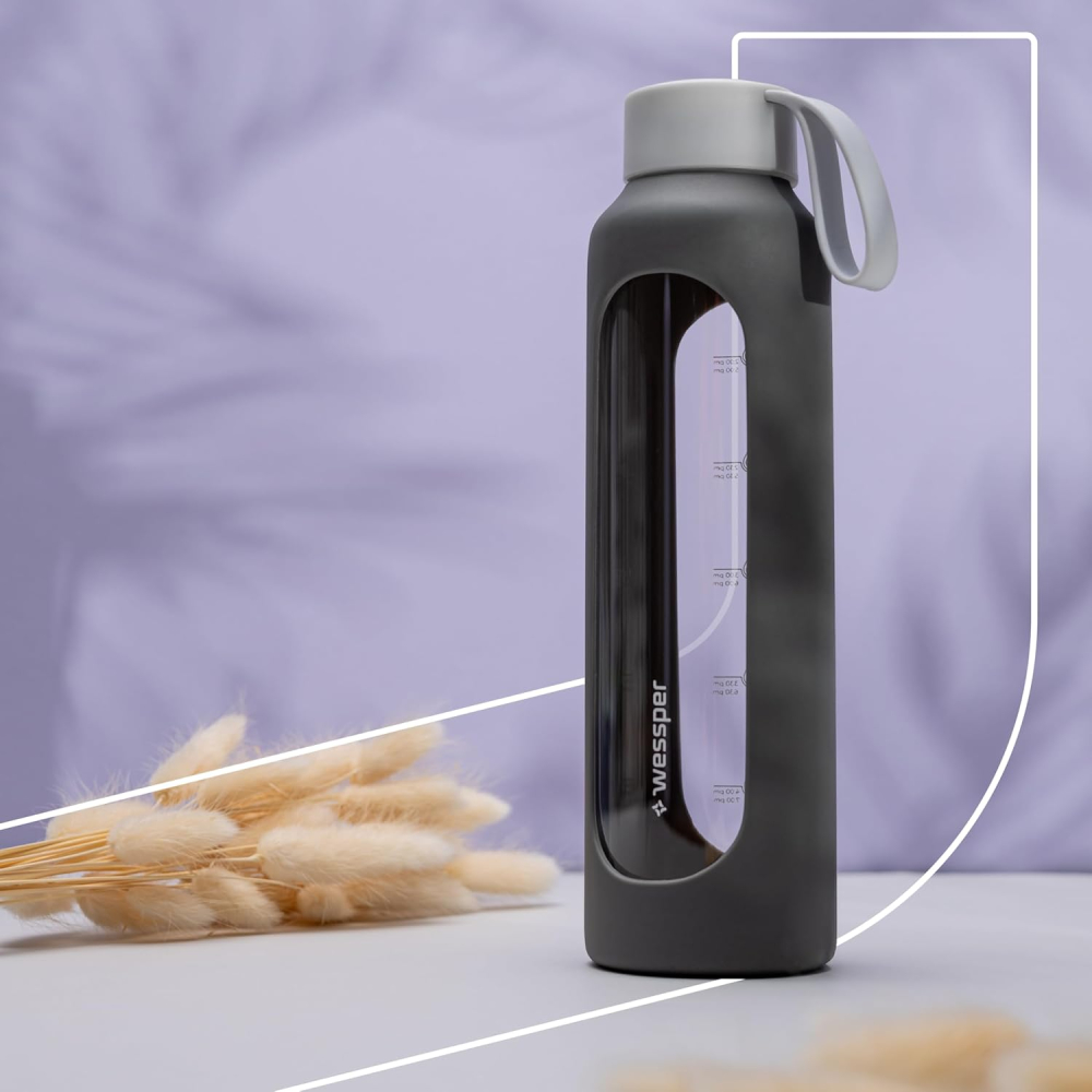 Wessper Sticlă Apă 500 ml – Borosilicat, Marcaj Orare, Anti-Scurgere, BPA-Free, Gri [4]