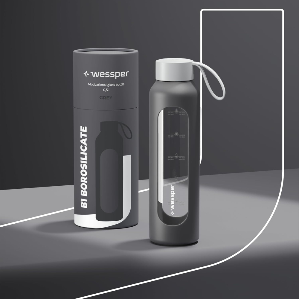 Wessper Sticlă Apă 500 ml – Borosilicat, Marcaj Orare, Anti-Scurgere, BPA-Free, Gri [2]