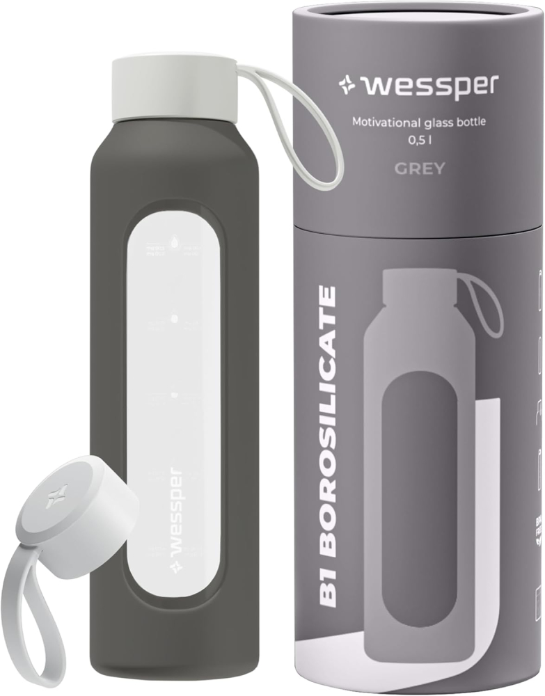 Wessper Sticlă Apă 500 ml – Borosilicat, Marcaj Orare, Anti-Scurgere, BPA-Free, Gri [1]