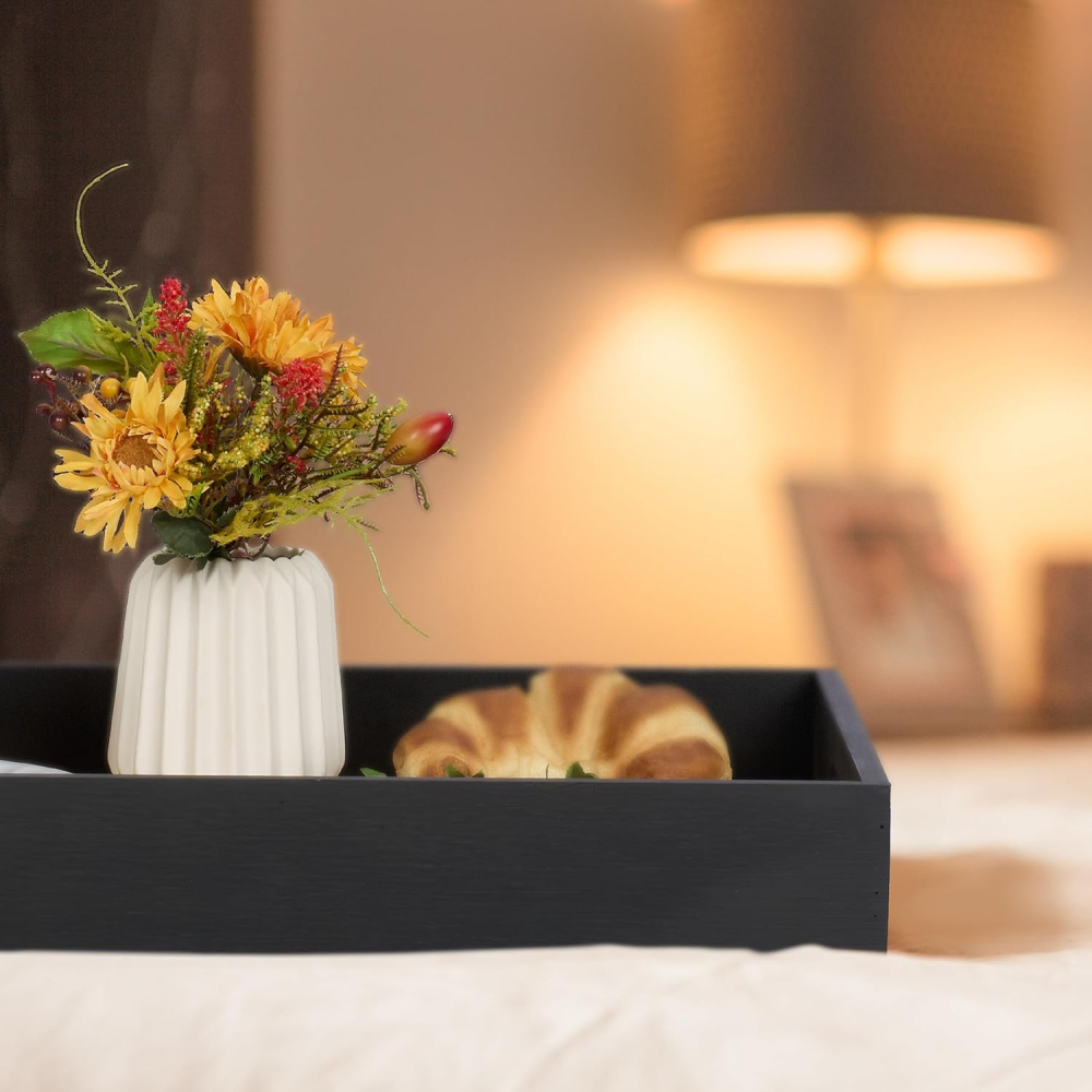 Tavă Servire Bambus & MDF Relaxdays – 40.5×28 cm, Margine Înaltă, Negru/Natural [4]