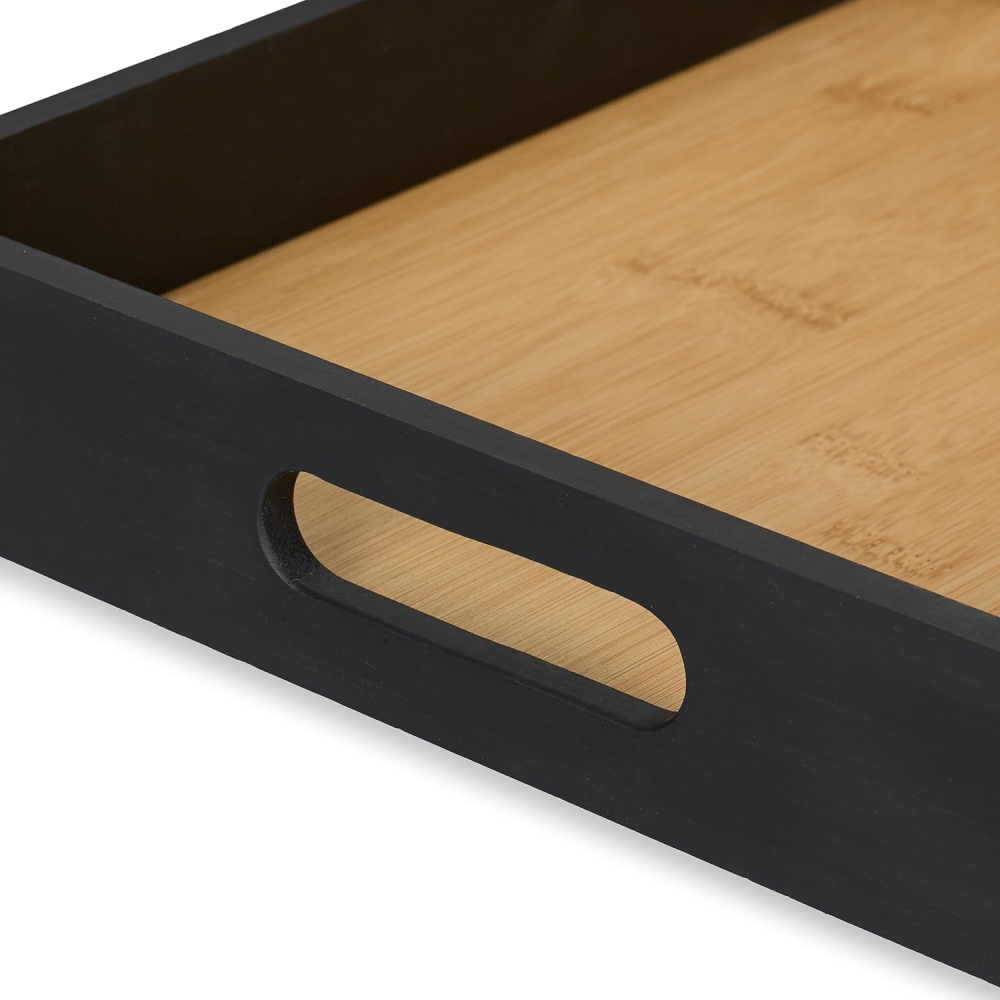Tavă Servire Bambus & MDF Relaxdays – 40.5×28 cm, Margine Înaltă, Negru/Natural [3]