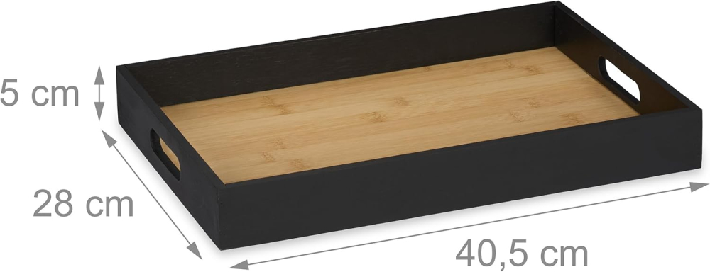 Tavă Servire Bambus & MDF Relaxdays – 40.5×28 cm, Margine Înaltă, Negru/Natural [6]