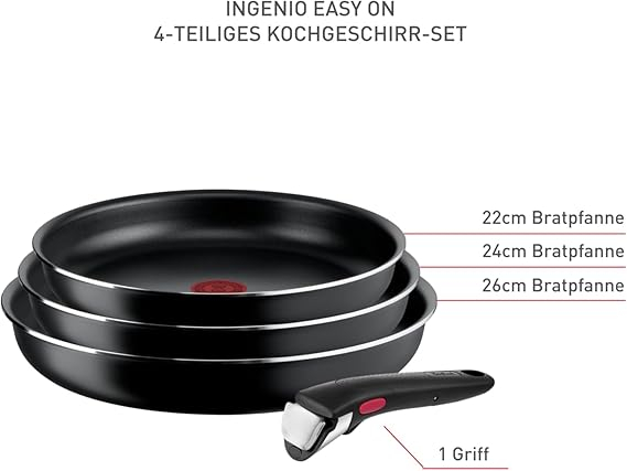 Tefal Ingenio Easy On – Set  Tigăi cu Mâner Detașabil, 22/24/26 cm, Antiaderente, Ușor de Curățat, Model L15992 [2]