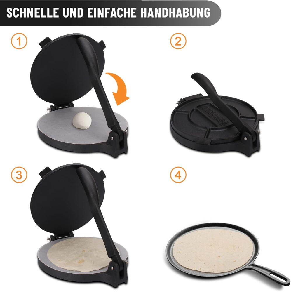 Presă Premium din Fontă pentru Tortilla - Tortillada –  20 cm  Pre-Seasoned, Rețete Incluse [3]