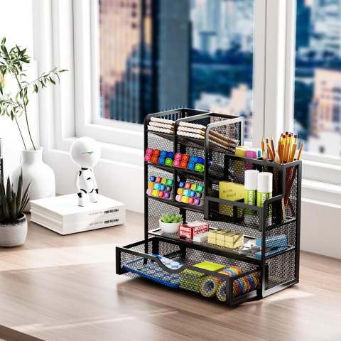 Organizator Birou din Metal cu Sertar Marbrasse – Suport Multifuncțional pentru Pixuri și Accesorii, cu 10 Compartimente, Negru [2]