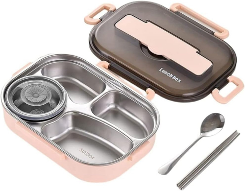 Produse - Caserolă Termică din Inox 1,5 L – Bento Box cu 4 Compartimente, Etanșă, Păstrează Mâncarea Caldă până la 12 Ore, cu Bol pentru Supă și Set de Tacâmuri, pentru Școală / Birou / Sală