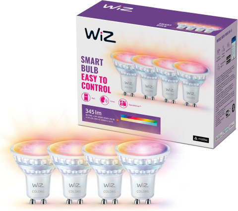Produse - WiZ GU10 Smart LED – Set 4, 16M Culori, Alb Reglabil, WiFi, Compatibil Alexa & Google