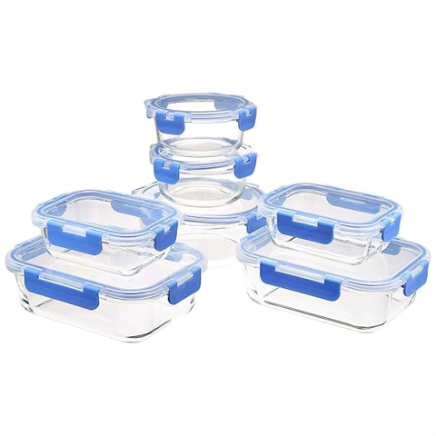 Produse - Set 14 Recipiente din Sticlă Amazon Basics cu Capace Etanșe – 7 Caserole + 7 Capace, cu Bandă din Silicon Albastru, Sticlă Borosilicată, Fără BPA