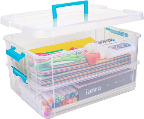 Casă - Cutie de Depozitare Creahaus pe 2 Nivele, cu Capac – Organizator Plastic Stivuibil pentru Craft, Cusut, Machiaj, Accesorii unghii, Jucării, Albastru