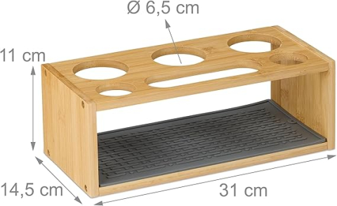 Suport Uscare Sticle Relaxdays Compatibil cu SodaStream, din Bambus, cu Covoraș din Silicon și 3 Suporturi de Picurare, Natur/Gri [2]
