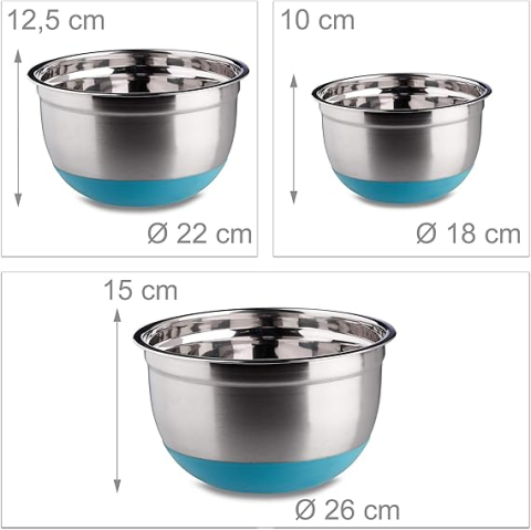 Set 3 Boluri Relaxdays din Inox cu Bază Antiderapantă, Albastru – Boluri de Mixare în 3 Mărimi [1]