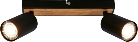 Lămpi și corpuri de iluminat - Spot LED de Tavan Rotativ, 2 Brațe, GU10, Design Negru cu Lemn – BRILONER 25.5 cm