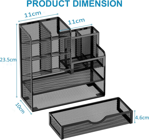 Organizator Birou din Metal cu Sertar Marbrasse – Suport Multifuncțional pentru Pixuri și Accesorii, cu 10 Compartimente, Negru [1]