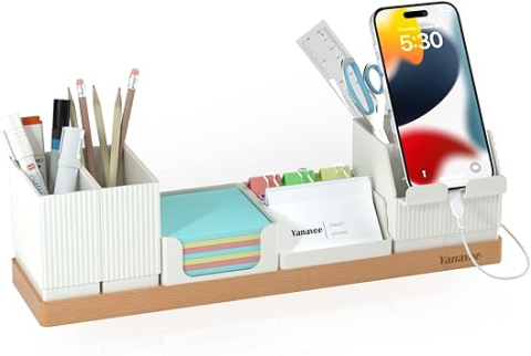 Accesorii de birou - Organizator de Birou din Lemn cu Compartimente Ajustabile – Suport Telefon, Suport Pixuri, Suport Cărți de Vizită, Tavă Creioane, Alb