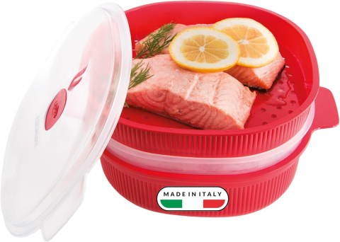 Recipiente depozitare și pentru deplasare - Vas Cu Abur Snips Tempo Zero 4 L, Plastic Roșu – Cu Tăvițe Multiple pentru Carne, Pește și Legume, Fără BPA, Made in Italy
