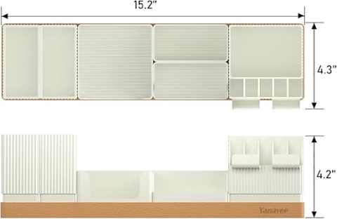 Organizator de Birou din Lemn cu Compartimente Ajustabile – Suport Telefon, Suport Pixuri, Suport Cărți de Vizită, Tavă Creioane, Alb [1]