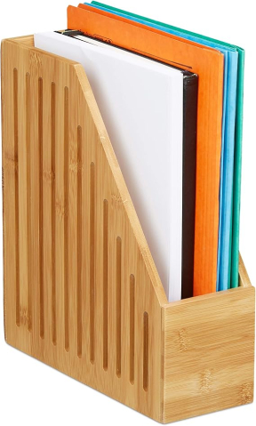 Produse - Suport Vertical pentru Reviste Relaxdays, din Bambus, Format A4 – Organizator Documente pentru Birou și Acasă, 30 x 10 x 26,5 cm, Natur