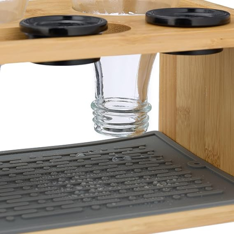 Suport Uscare Sticle Relaxdays Compatibil cu SodaStream, din Bambus, cu Covoraș din Silicon și 3 Suporturi de Picurare, Natur/Gri [1]