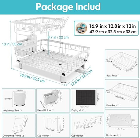 Suport Vase MAJALiS pe 2 Nivele, din Inox, cu Tavă de Scurgere, Scurgere Rotativă 360° și Covoraș de Uscare, Alb – Cu Suport pentru Tacâmuri și Cuțite [1]
