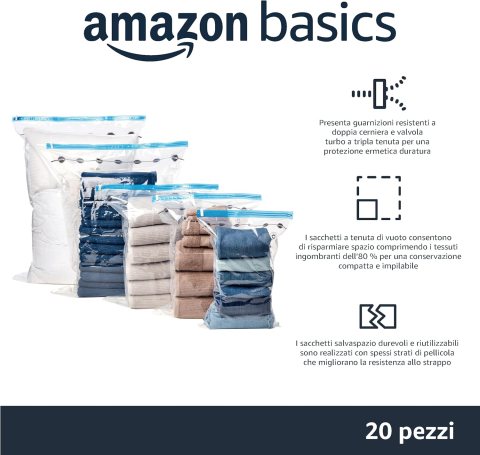 Set 20 pungi de vidat reutilizabile în 4 dimensiuni, cu pompă manuală – economisire spațiu pentru haine și textile – Amazon Basics [3]