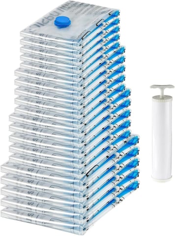Menaj - Set 20 pungi de vidat reutilizabile în 4 dimensiuni, cu pompă manuală – economisire spațiu pentru haine și textile – Amazon Basics