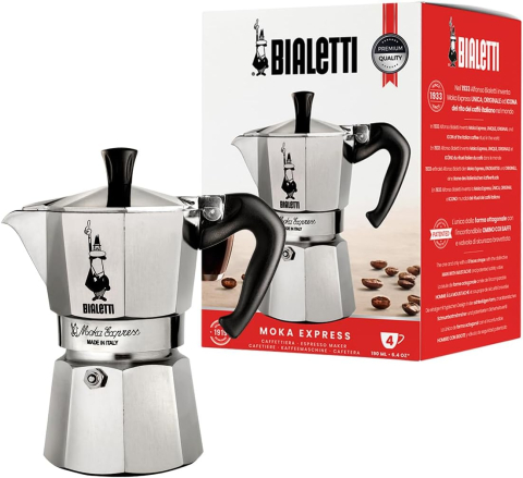 Ofertă Săptămânală - ☕ Bialetti Moka Express – Cafetieră italiană din aluminiu, 4 cești (190 ml), mâner anti-arsură, argintie