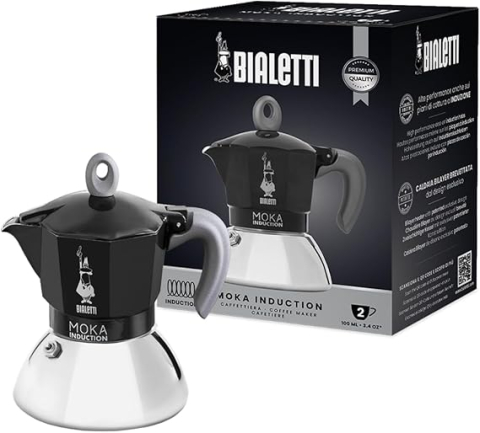 Electrocasnice de bucătărie - Cafetieră Clasică pentru Espresso, Bialetti – Moka Induction,  Compatibilă cu Toate Tipurile de Plite, 2 Căni (100 ml), Negru [Clasa A+]