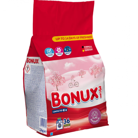 Detergenți de rufe și de vase - Detergent rufe pudră Bonux 3în1 Pure Magnolia – 2.34 kg, 36 spălări, curățare eficientă și parfum fresh