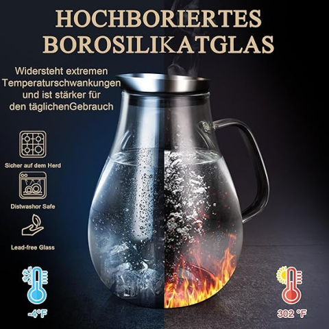 Carafă din Sticlă SUSTEAS 2 Litri – Borosilicat, cu Capac și Gura de Turnare | Ideală pentru Apă, Ceai cu Gheață, Sucuri, Cafea, Lapte, Vin [1]