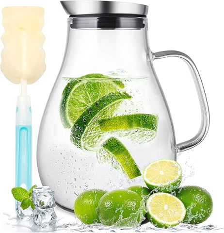 Ustensile de bucătărie - Carafă din Sticlă SUSTEAS 2 Litri – Borosilicat, cu Capac și Gura de Turnare | Ideală pentru Apă, Ceai cu Gheață, Sucuri, Cafea, Lapte, Vin