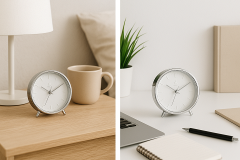 Accesorii pentru casă - Ceas deșteptător metalic alb 11x13x5 cm – design minimalist pentru noptieră