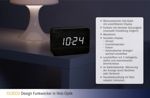 TFA Clocco Ceas Radio-Controlat – Design Lemn, Afișaj Invizibil, Temperatură & Alarmă [3]