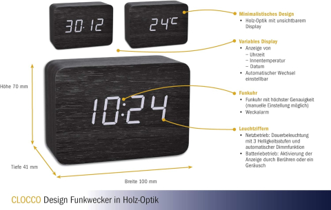 TFA Clocco Ceas Radio-Controlat – Design Lemn, Afișaj Invizibil, Temperatură & Alarmă [1]